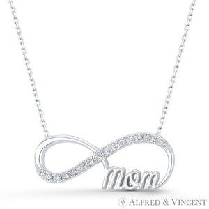Infinity Charm CZ Crystal Pave & Cursive "Mom" Pendant in .925 Sterling Silver